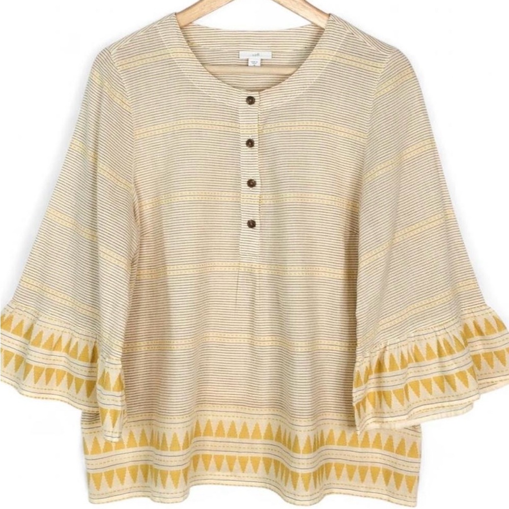 J.Jill Shirt Organic Cotton Bell Sleeve‎ Stripe Gold Geometric Border XSP Boho
